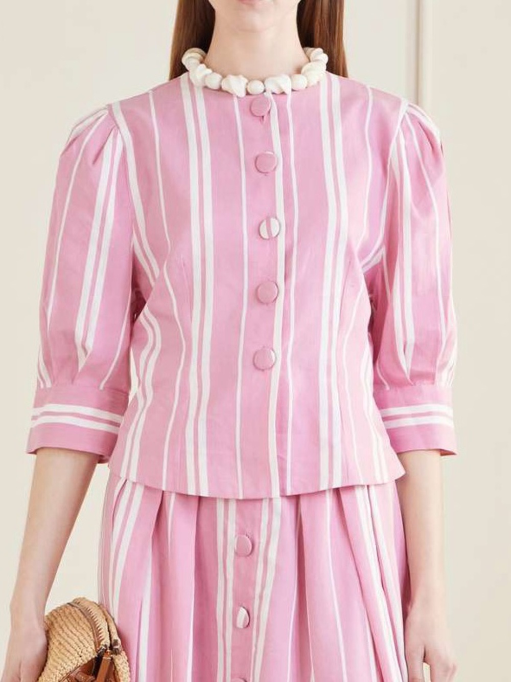 DESTREE Jasper Striped Cotton Linen Button Down Pink White Blouse S